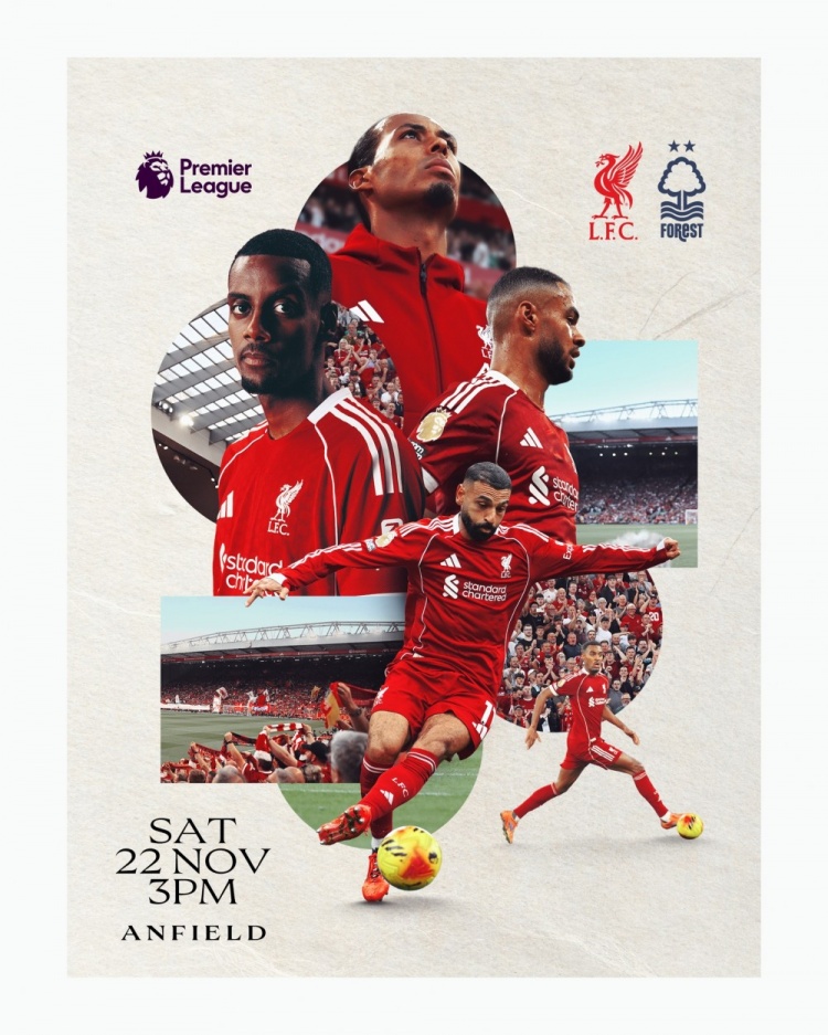 利物浦发布对阵森林海报：范戴克、萨拉赫、伊萨克、加克波出镜